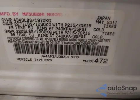 2011 Mitsubishi Outlander Sport Es z USA, uszkodzony, nr VIN JA4AP3AU3BZ017886